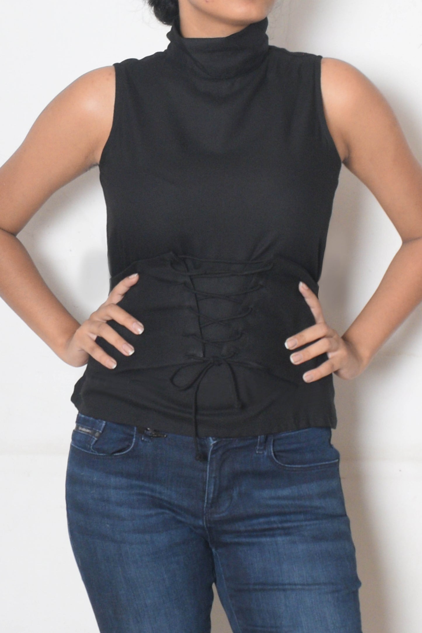 THEA ~ Mock high neck top with belt ~ black